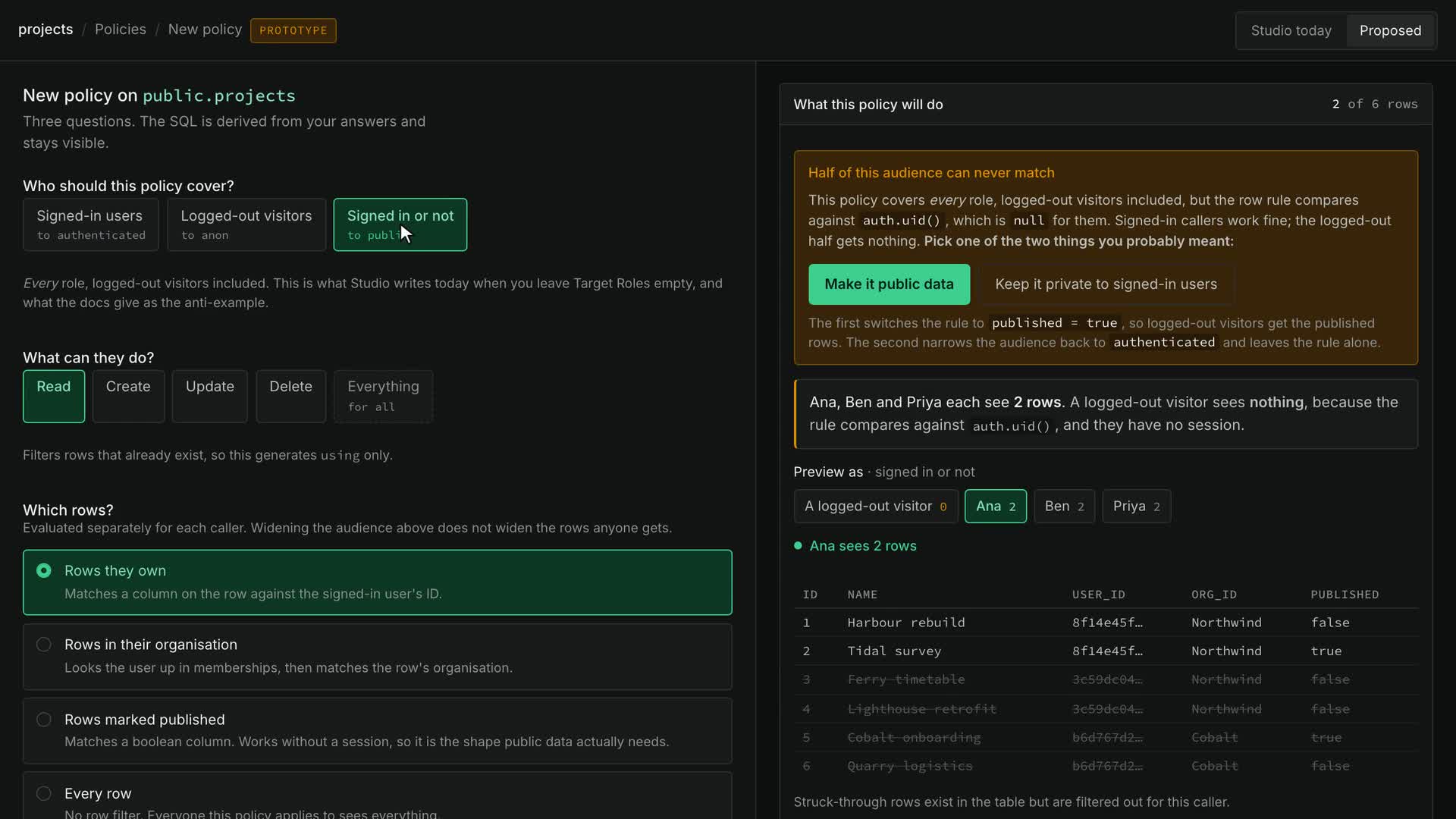 The proposed RLS policy editor, showing a live result panel beside the authoring form